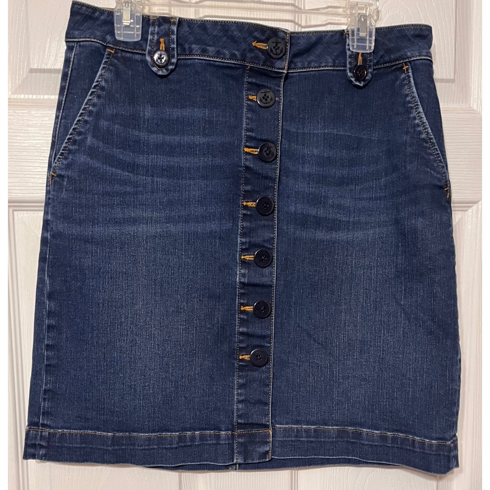 Talbots Petites Blue Denim Button Front Nautical Anchor Mini Skirt 12P Dark Wash